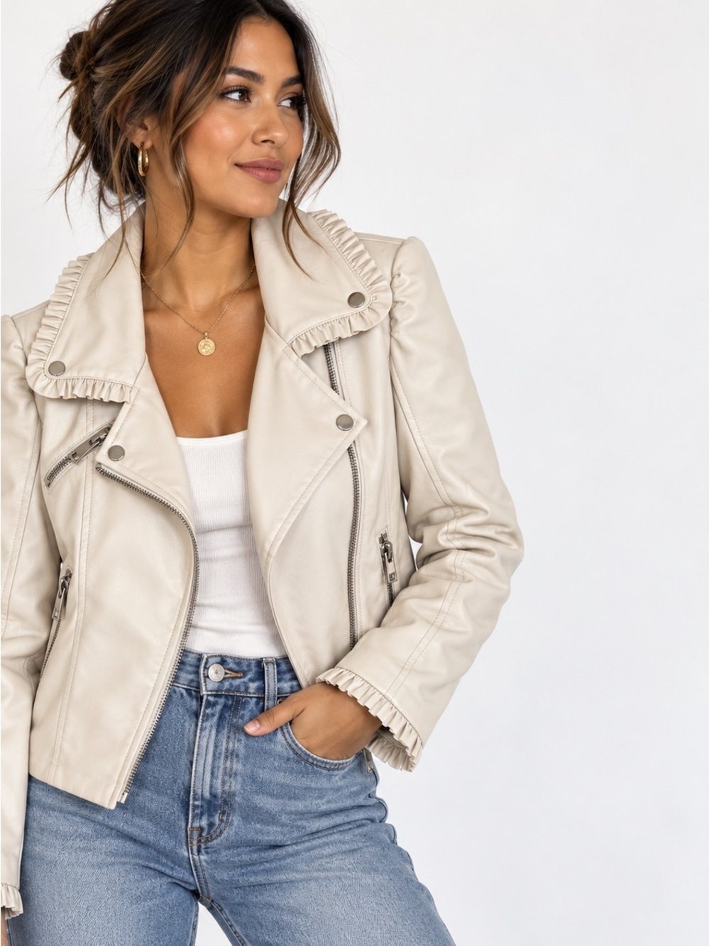 Dance & Marvel Cream Faux Leather Ruffle Collar Moto Jacket